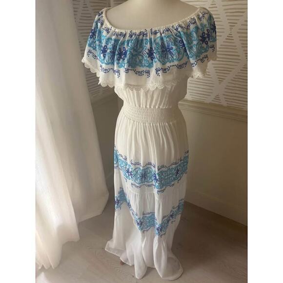 Nightcap Large White Greek Isle Embroidered Off Shoulder Flowy Maxi Dress - Picture 9 of 10